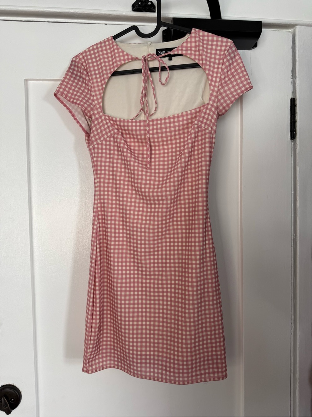 Zara Pink Gingham Mini Dress with Cutout Tie Neck
